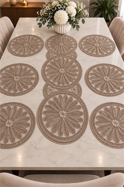 Yuvalar Desenli Motifli 7 Parça Runner Set Vizon 