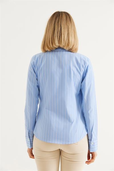 Uzun Kollu  Çizgili Vücuda Oturan Gömlek Mavi