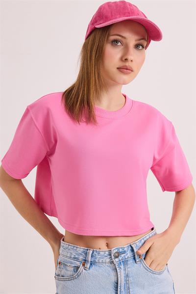 Bisiklet Yaka İki İplik Crop Bluz Pembe