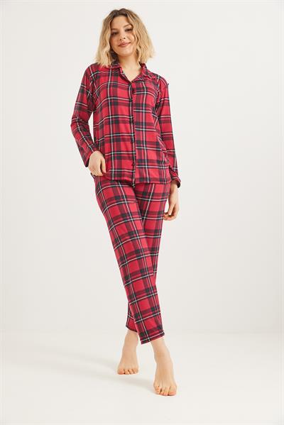 Düğmeli Uzun Kollu Pijama Takımı Kırmızı