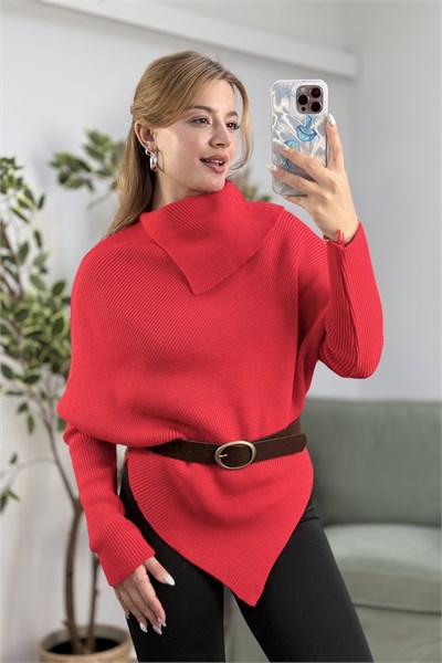 Kadın Kemerli Balıkçı Yaka Asimetrik Kesim Yarasa Kol Triko Kırmızı
