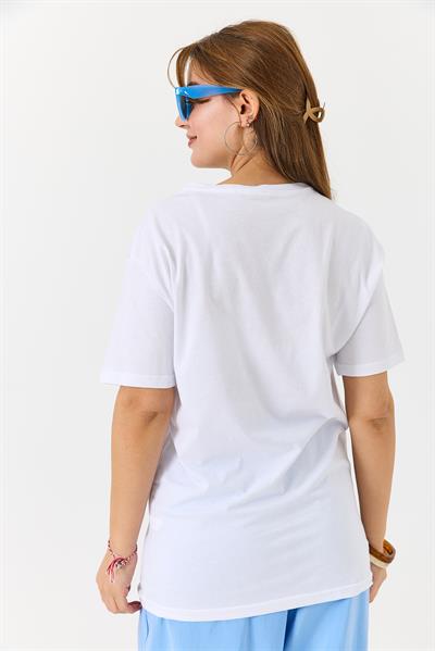 Kadın Bisiklet Yaka Baskısız Düz Bisiklet Yaka Tshirt Beyaz