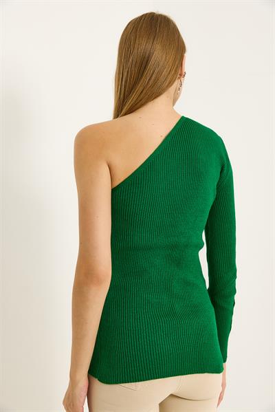 Tek Omuz Kolu Detaylı Fitilli Bluz Yeşil