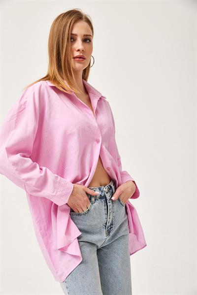 Oversize Cepli Poplin Gömlek Pembe