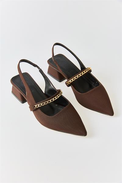 Kadın Taş Detaylı Sling-back Orta Topuklu Ayakabı Kahverengi