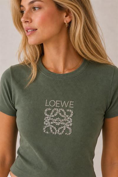 Kadın Love Taş Baskılı Penye Crop Bluz Haki