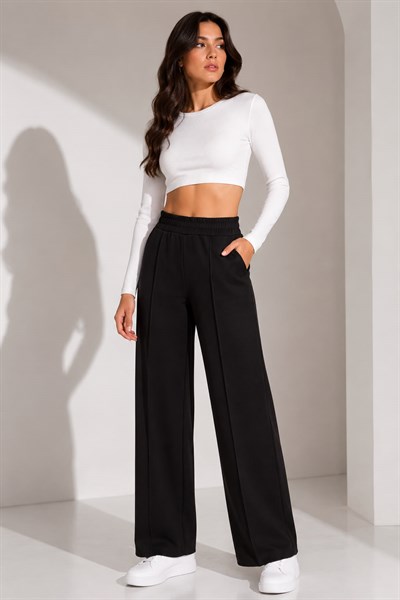 Kadın Beli Lastikli Çimalı Pantolon Siyah