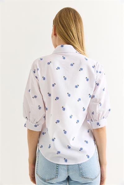 Balon Kol Desenli Kadın Gömlek Mavi Beyaz