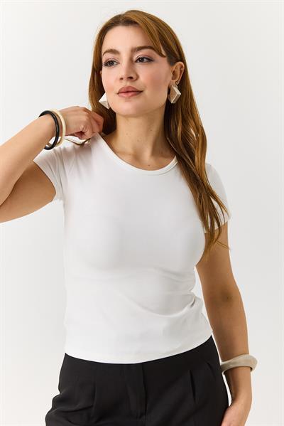 Kadın Basic Bisiklet Yaka Düz Tshirt Beyaz