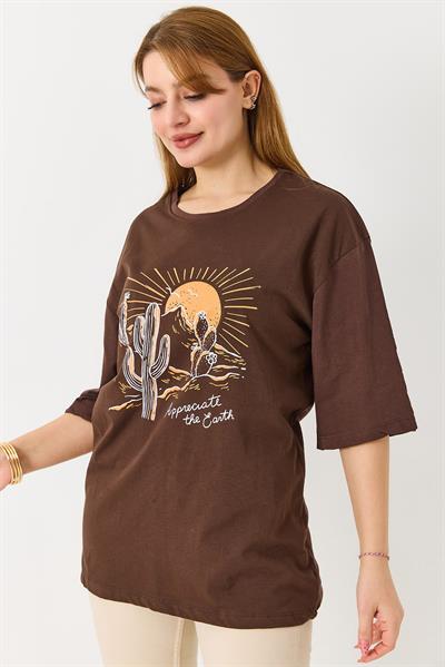 Kadın Çöl Tema Baskılı Bisiklet Yaka Tshirt Kahverengi