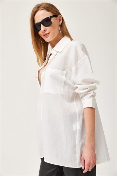 Oversize Cepli Poplin Gömlek Beyaz