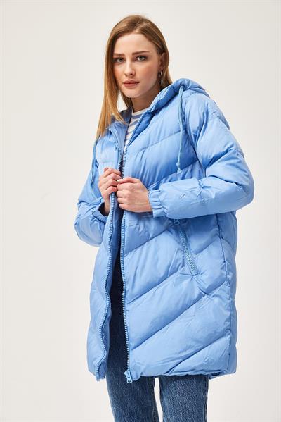 Kapüşonlu Oversize Şişme Mont Mavi