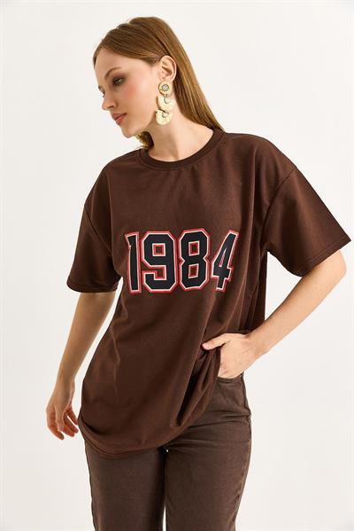 1984 Baskılı Oversize Tshirt Kahverengi