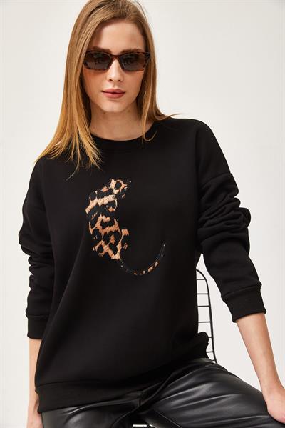 Leopar Baskılı Üç İplik Şardonlu Sweatshirt Siyah