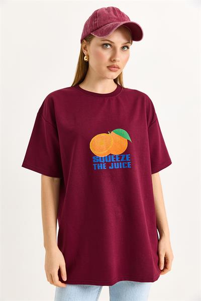 Oversize Ön ve Arka Baskılı Tshirt Bordo
