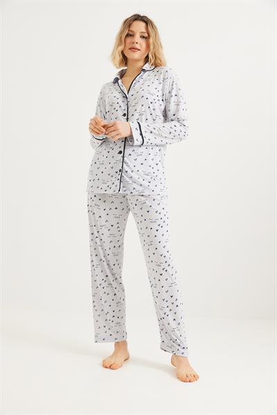 Düğmeli Uzun Kollu Pijama Takımı Gri