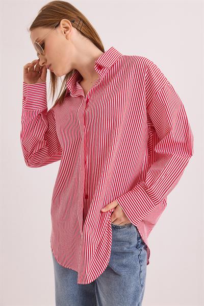 Çizgili Oversize Basic Gömlek Kırmızı