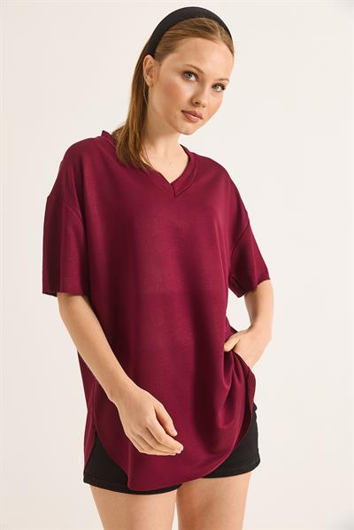 V Yaka Arkası Uzun Basic Tshirt Bordo