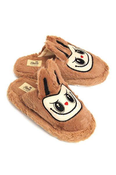 Figürlü Peluş Ev Terliği Kahverengi