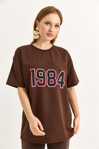 1984 Baskılı Oversize Tshirt Kahverengi