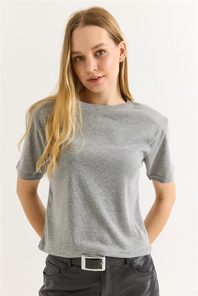 Vatkalı Bisiklet Yaka Basic Tshirt Gri