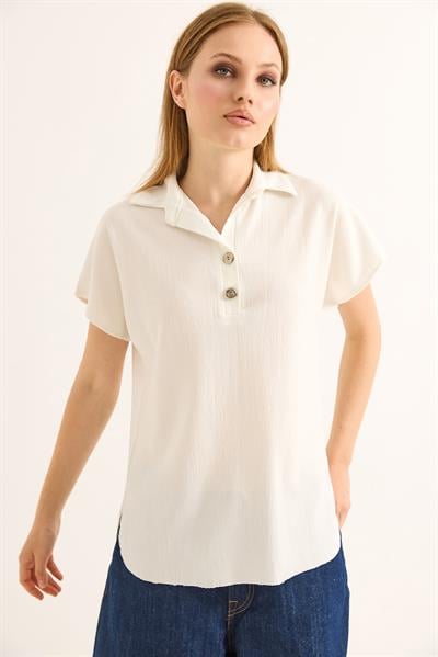 Polo Yaka Oval Kesin Kadın Tshirt Beyaz