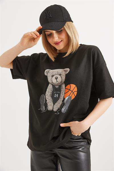Ayıcık Baskılı Bisiklet Yaka Tshirt Siyah