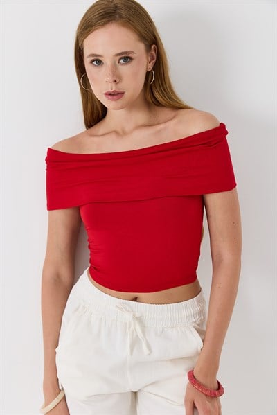 Kadın Madonna Yaka Penye Crop Bluz Kırmızı