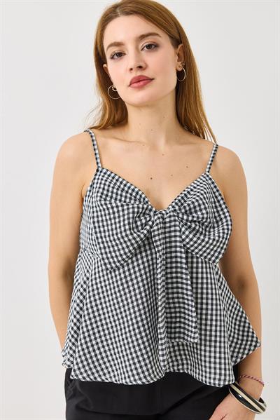 Kadın Büyük Fiyonk Detaylı Ekoseli Askılı Keten Görünümlü Bluz Siyah