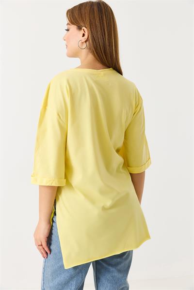 Kadın Yanı Yırtmaçlı Oversize Basic Tshirt Sarı