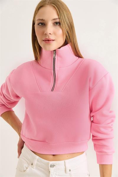 Kadın Yarım Fermuar Dik Yaka Kadın Sweat Pembe