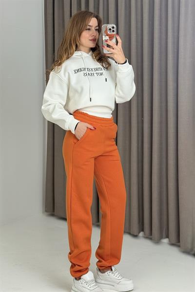 Üç İplik Şardonlu Kadın Eşofman Altı Turuncu