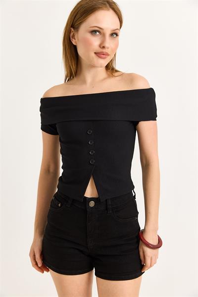 Kayık Yaka Düğme Detaylı Fitilli Örme Bluz Siyah 