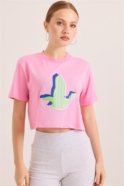 Karikatür Kuş Baskılı Pamuk Örme Crop Tshirt Pembe