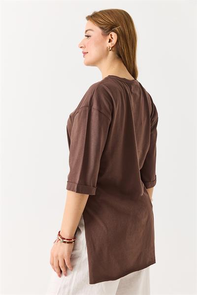 Kadın Yanı Yırtmaçlı Oversize Basic Tshirt Kahverengi