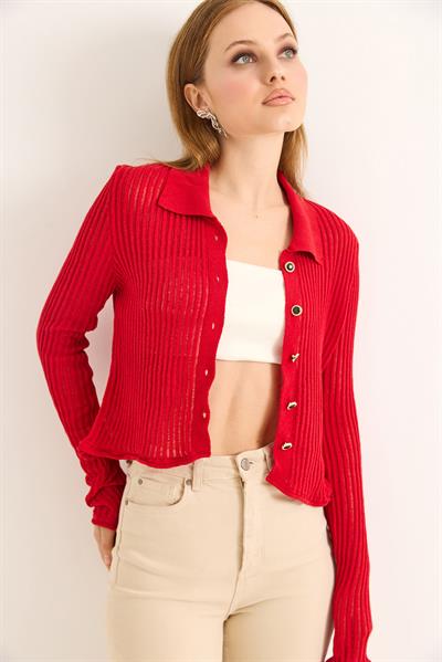 Polo Yaka Yazlık Triko Hırka Kırmızı