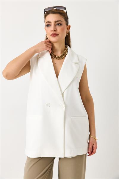 Kadın  Oversize Kruvaze Sıfır Kol Yelek Beyaz