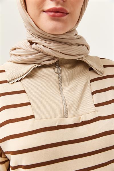Yarım Fermuar Çizgili Uzun Elbise Kahverengi