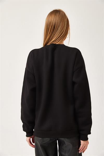 Leopar Baskılı Üç İplik Şardonlu Sweatshirt Siyah