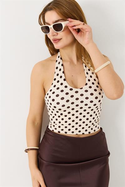 Kadın Boyundan Askılı Puantiyeli Crop Bluz Krem