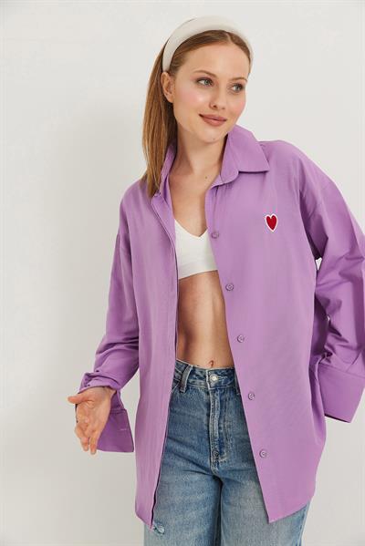 Kalp Nakışlı  Oversize Basic Gömlek Lila