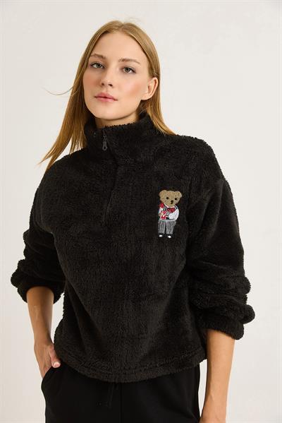Kadın Nakışlı Welsoft  Fermuar Detaylı Sweat Siyah