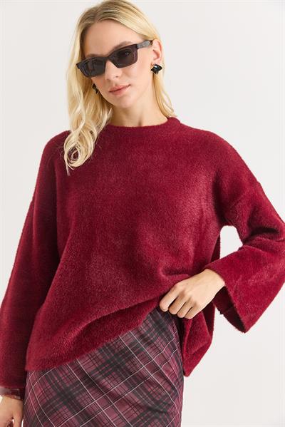 Kadın Bisiklet Yaka Oversize Yumuşak Tüylü Bordo