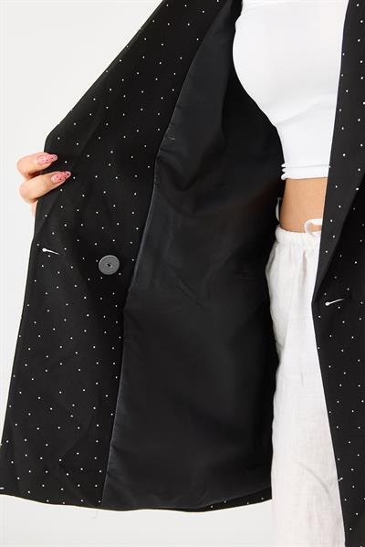 Kadın Taş Detaylı Astarlı Oversize Ceket Siyah