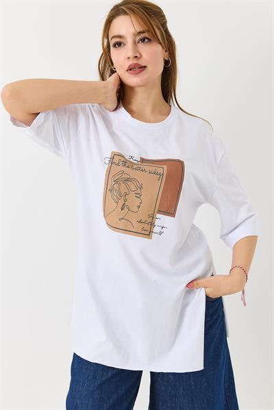 Kadın Figürlü Baskılı Bisiklet Yaka Tshirt Beyaz