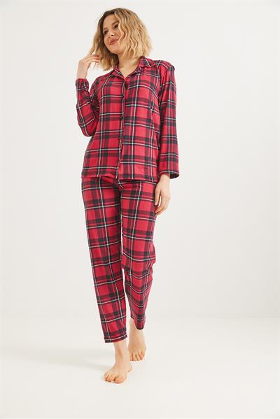 Düğmeli Uzun Kollu Pijama Takımı Kırmızı