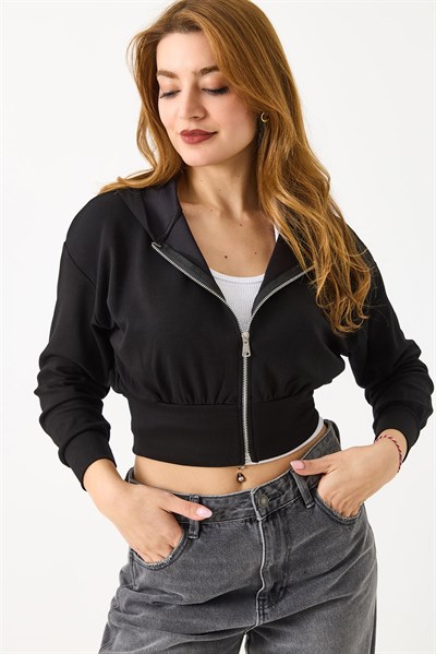 Bel Detaylı Fermuarlı Üç İplik Crop Sweatshirt Siyah