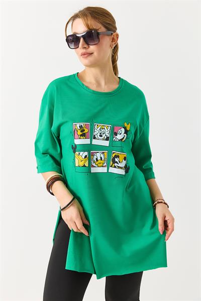 Kadın Yanı Yırtmaçlı Oversize Basic Tshirt Yeşil