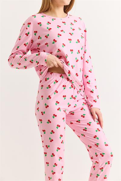 Kadın Bisiklet Yaka Kiraz Baskılı Pembe Pamuklu Pijama Takımı