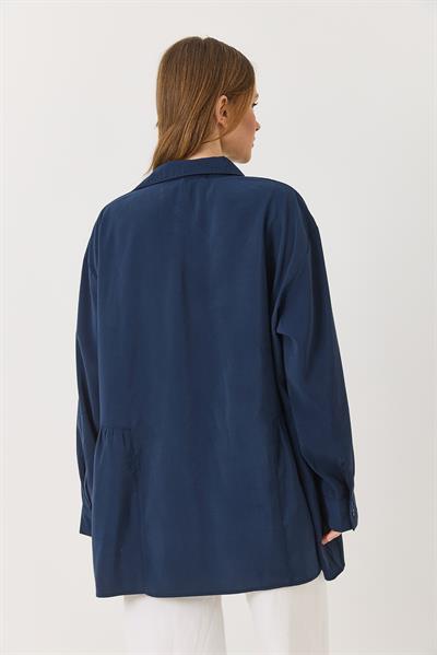 Lacivert Oversize Eteği Fırfırlı  Düğmeli Yumuşak Dokulu Tunik Gömlek